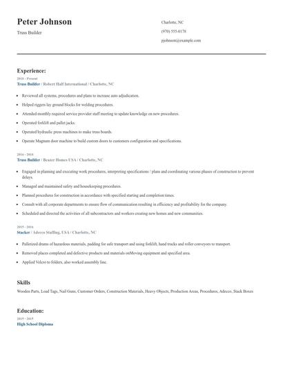 Truss Builder Resume