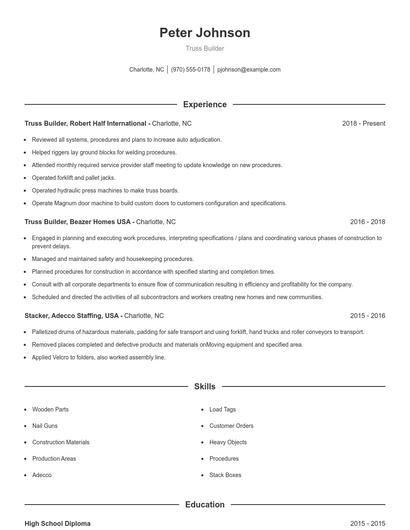 Truss Builder Resume