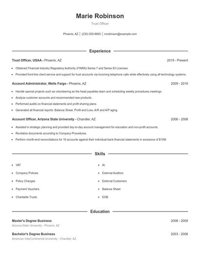 Trust Officer Resume