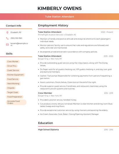 Tube Station Attendant Resume