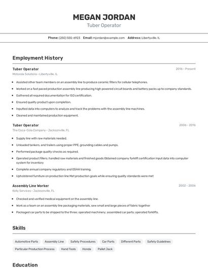 Tuber Operator Resume