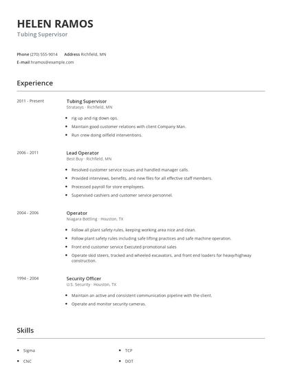 Tubing Supervisor Resume