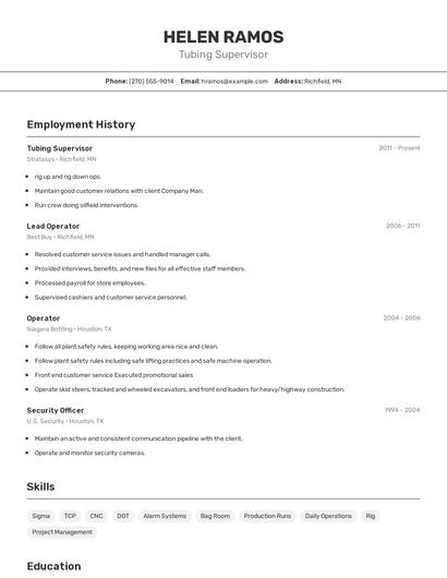 Tubing Supervisor Resume
