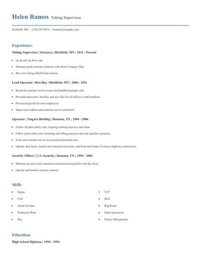 Tubing Supervisor Resume
