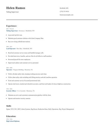 Tubing Supervisor Resume
