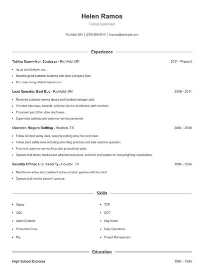 Tubing Supervisor Resume