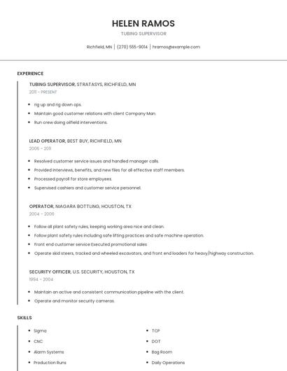 Tubing Supervisor Resume