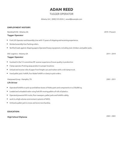 Tugger Operator Resume