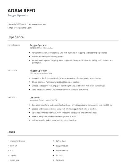 Tugger Operator Resume