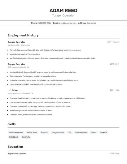 Tugger Operator Resume