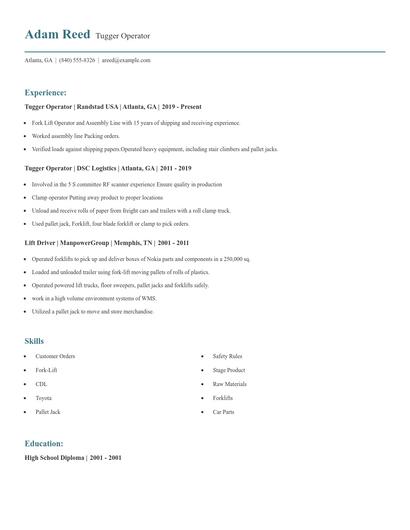 Tugger Operator Resume