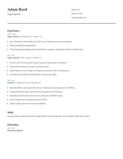 Tugger Operator Resume