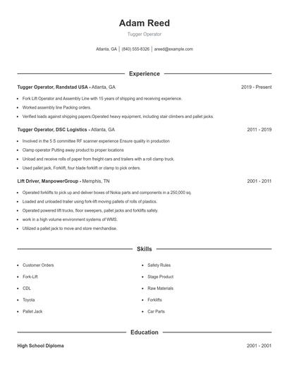 Tugger Operator Resume