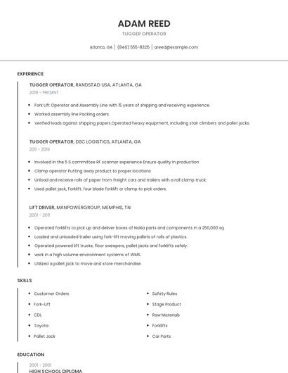 Tugger Operator Resume