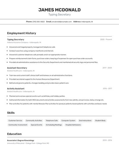 Typing Secretary Resume