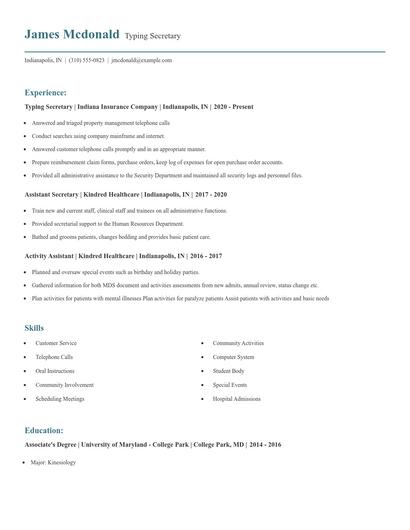 Typing Secretary Resume