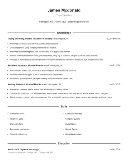 Typing Secretary Resume