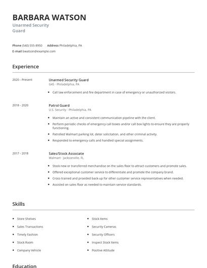 Unarmed Security Guard Resume