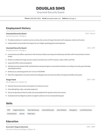 Unarmed Security Guard Resume
