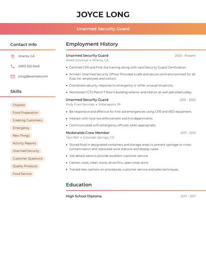 Unarmed Security Guard Resume