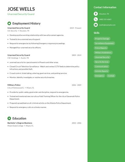 Unarmed Security Guard Resume