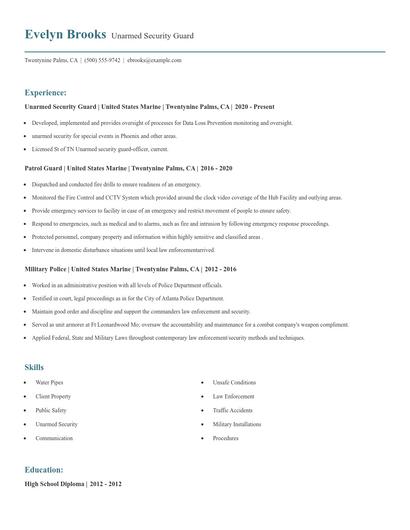 Unarmed Security Guard Resume