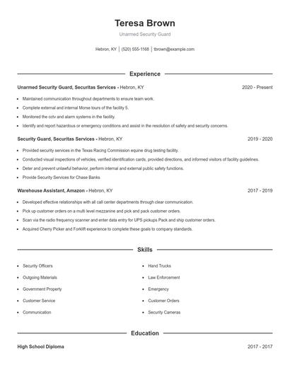 Unarmed Security Guard Resume