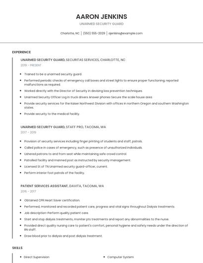 Unarmed Security Guard Resume