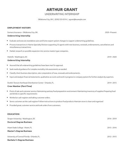 Underwriting Internship Resume