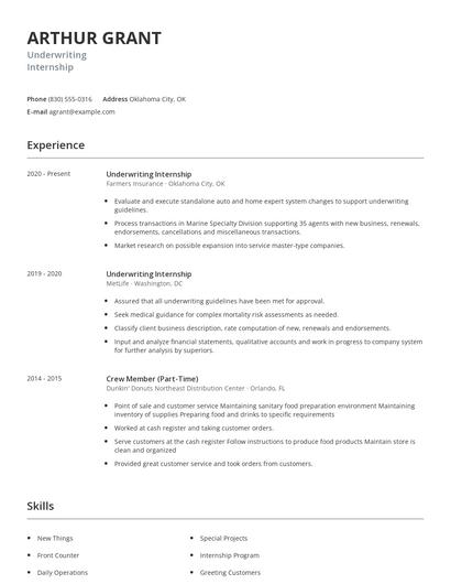 Underwriting Internship Resume