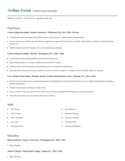 Underwriting Internship Resume