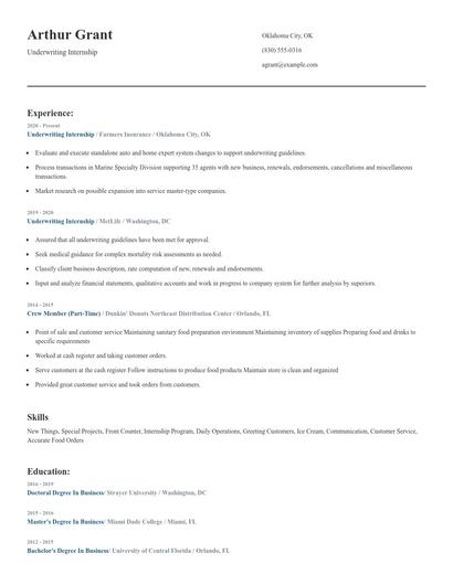 Underwriting Internship Resume