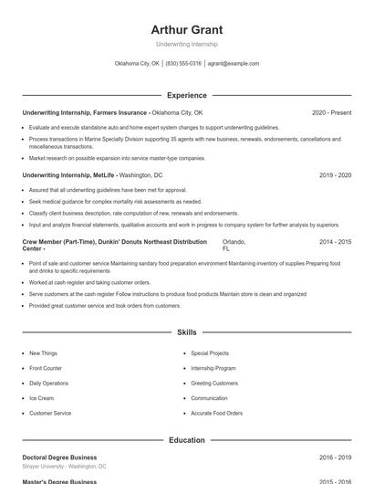Underwriting Internship Resume
