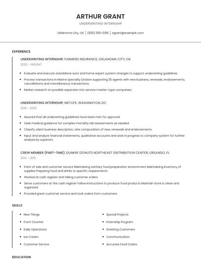 Underwriting Internship Resume