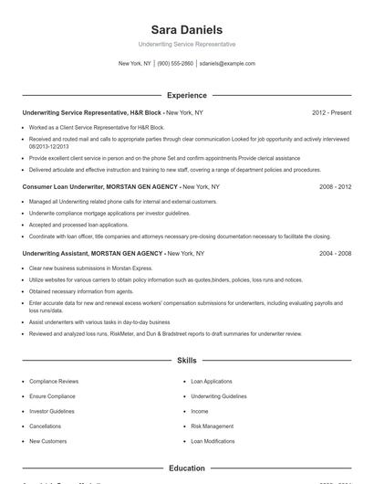 Underwriting Service Representative Resume