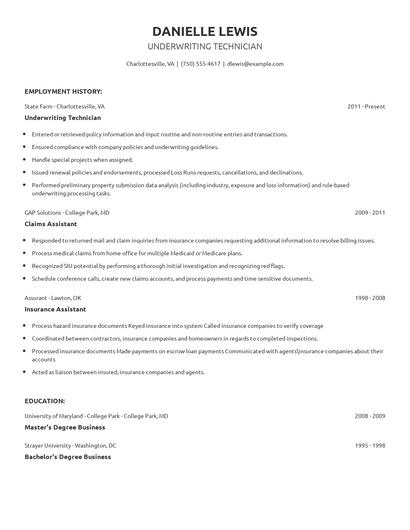 Underwriting Technician Resume