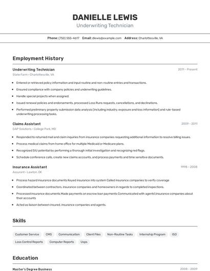 Underwriting Technician Resume