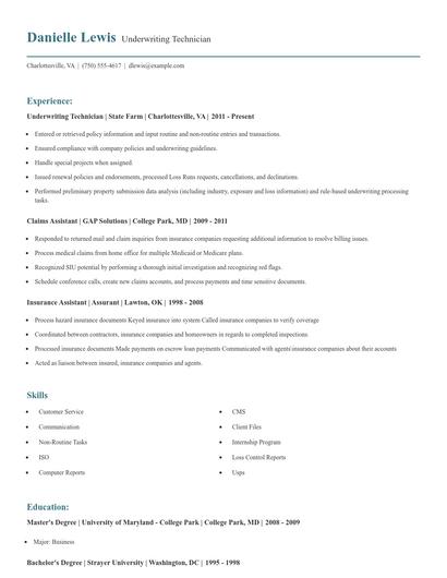 Underwriting Technician Resume