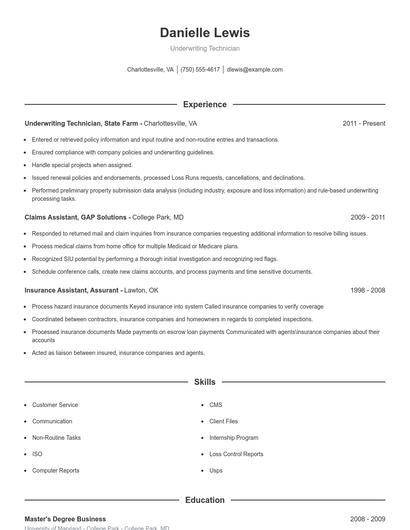 Underwriting Technician Resume
