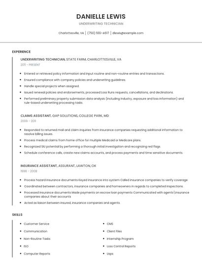 Underwriting Technician Resume