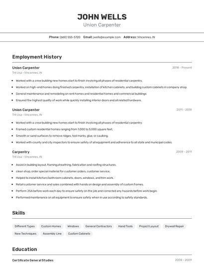 Union Carpenter Resume