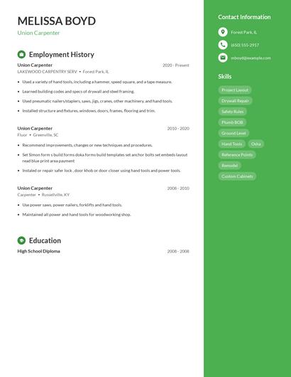 Union Carpenter Resume