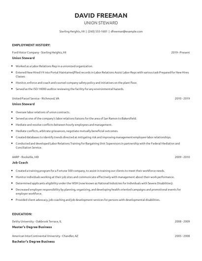 Union Steward Resume