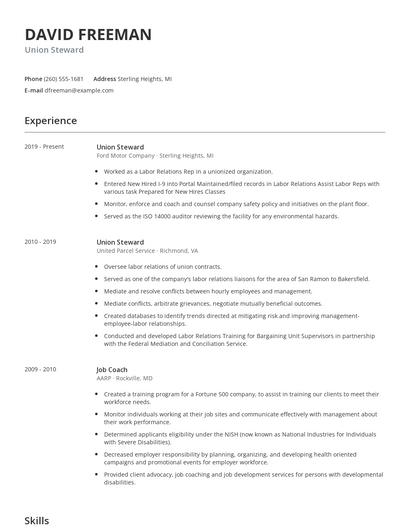 Union Steward Resume