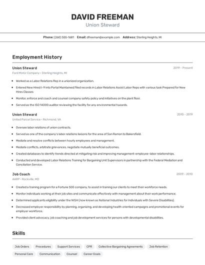 Union Steward Resume
