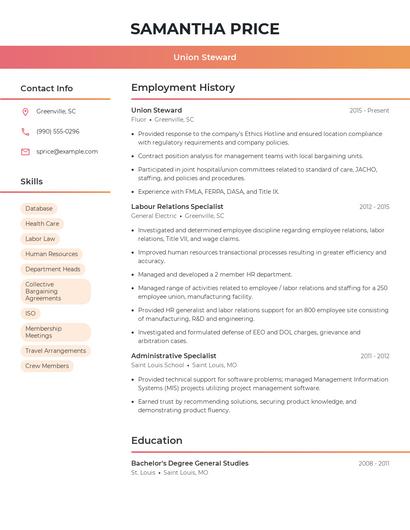Union Steward Resume
