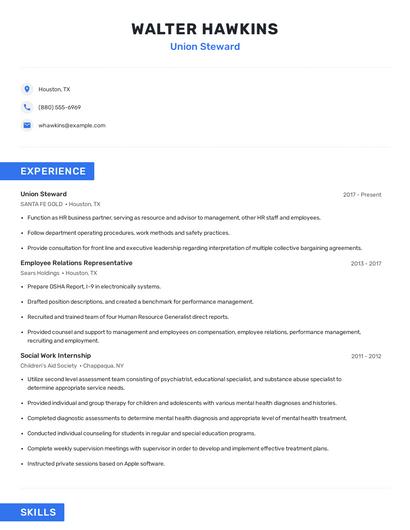 Union Steward Resume
