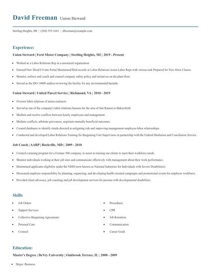 Union Steward Resume