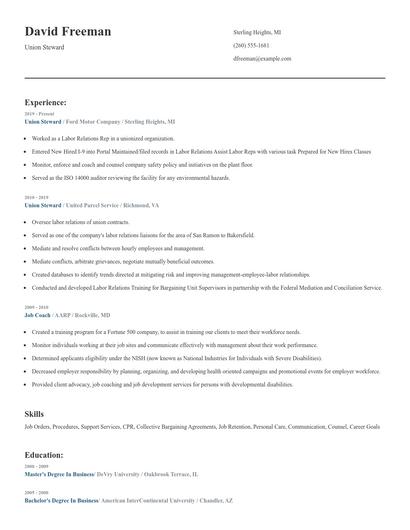 Union Steward Resume