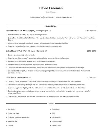 Union Steward Resume